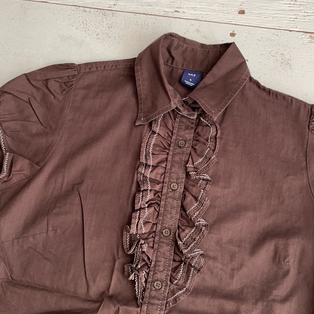 [ Gap Dark Brown Ruffled Front Button Down ] Small - image 3